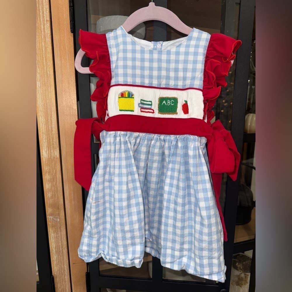 School smocked dress gingham bows toddler girl ruffle embroidered apple crayons